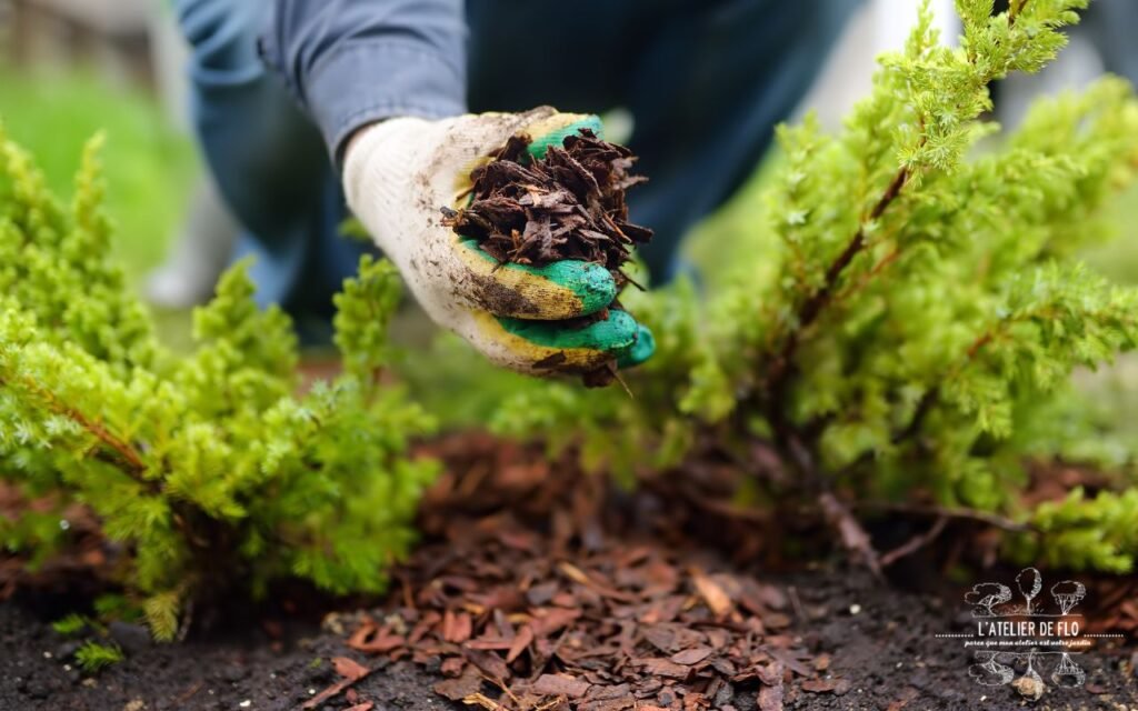 Paillage d'un jardin sans arrosage en Normandie