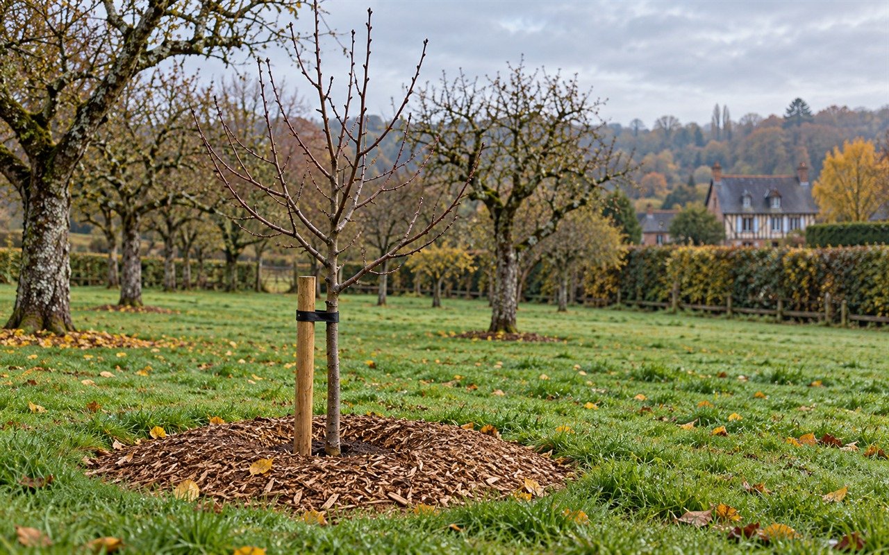 Jeune arbre fruitier tuteuré et paillé dans un verger normand