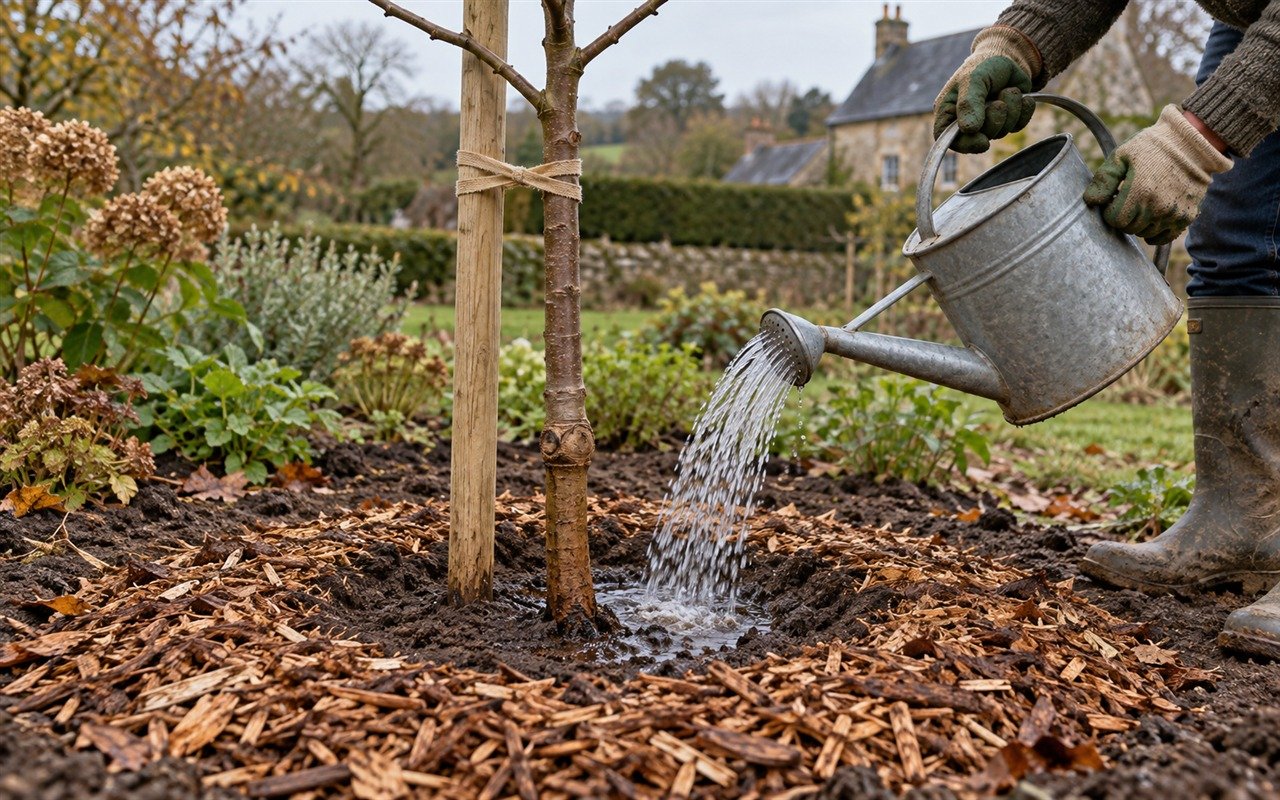 Arrosage et paillage au pied d’un jeune arbre fruitier après plantation