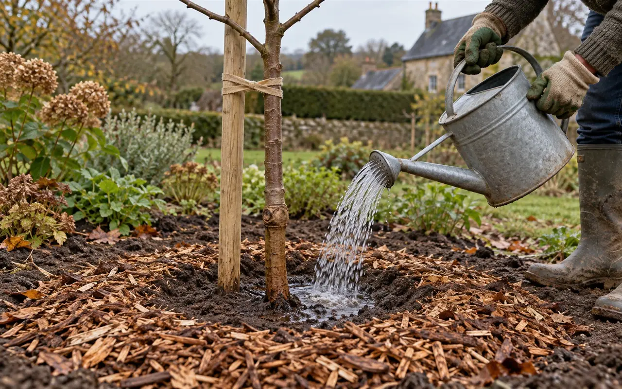 Arrosage et paillage au pied d’un jeune arbre fruitier après plantation